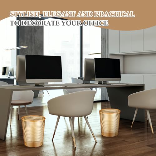 Image of Honeydak 4 Pack Gold Trash Can 3 Gallon Plastic Wastebasket Garbage Bin Round Translucent Lightly Threaded Large Capacity Modern 8.39 x 9.84 Inch for Bathroom Bedroom Kitchen Dorms Office Decorative