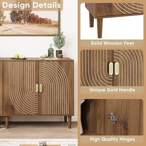 Smuxee Walnut Sideboard Cabinet, Freestanding Buffet Cabinet with Line Groove Design, Wood Storage Cabinet with Adjustable Shelf for Living Room, Entryway, Hallway - Image 5