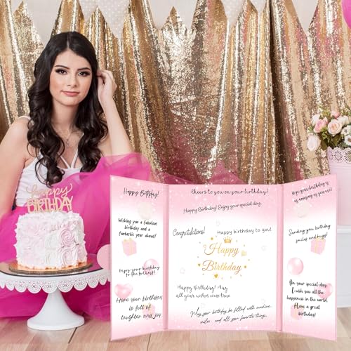 Image of Birthday Decorations for Girls Women Pink Happy Birthday Guest Book to Sign in Birthday Alternative Signature Guestbook Gifts Keepsake Creative Birthday Memory Book Sign Card Board Party Decor