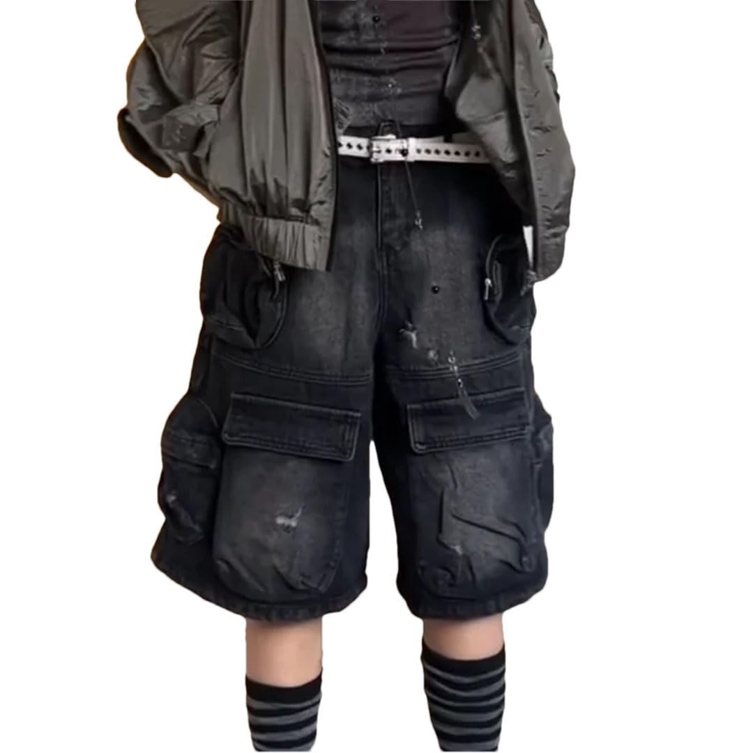 Damskie dżinsy Harajuku w stylu vintage, luźne, sprane, kieszenie, punkowe, workowate, dżinsowe szorty, Czarny, M