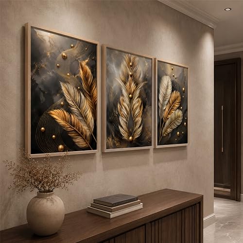 Image of Artify Abstract Feather Wall Painting Set of 3 for Living Room Bedroom Hall Office Decor, Gold Beige Black Modern Artwork, Premium Wooden Synthetic Frame