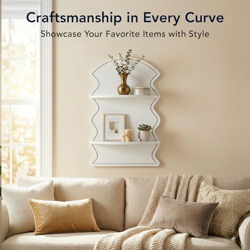 Image of American Art Decor White Wavy Arched Lunar Ledges Wall Shelf, Wooden 2-Tier Floating Bookshelf for Wall, Carved Fluted Arch Display Shelf for Bedroom Bathroom Kitchen Living Room Decor, 14 inch x 24 inch