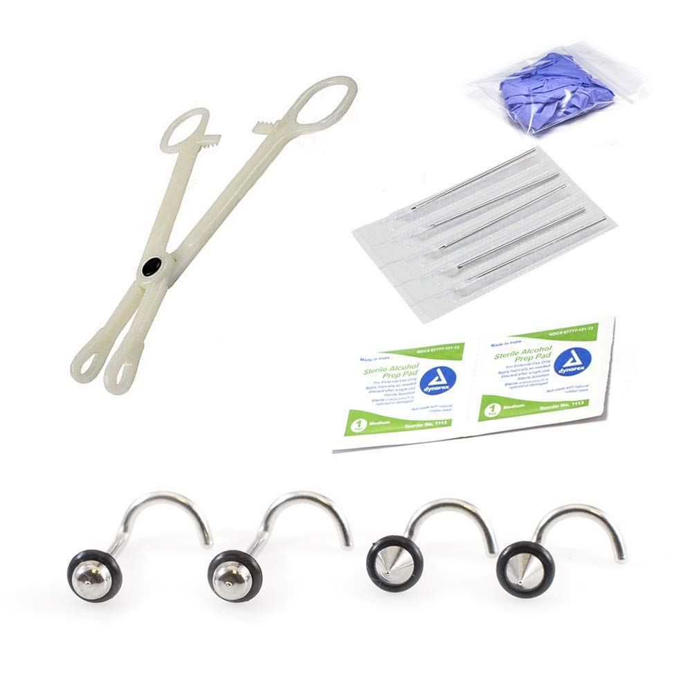 Nose Piercing Kit Nose Rings, Needles, Disposable Forceps, Gloves and Alcohol Pad 18g