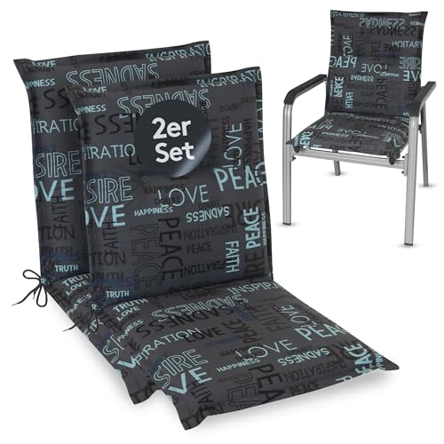LILENO HOME Gartenstuhl Auflagen als [2er Set - Niedriglehner] in Letters Anthrazit - Bequeme Liegen als Sitzauflagen für Gartenmöbel - Stuhlkissen für Gartenstühle und Klappstühle