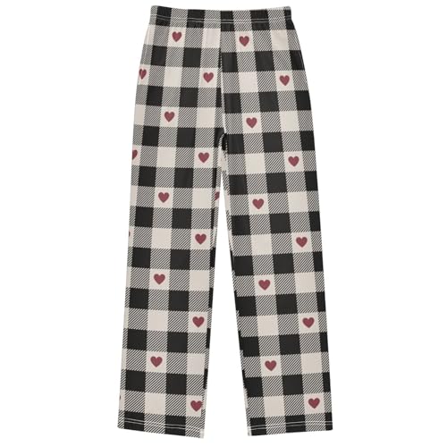 Boy's Pj Pants Heart Gingham Plaid Lounge Bottoms Elastic Waist Kids Joggers with Pockets Size 6-14