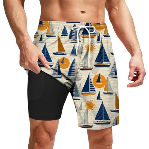 Swim Trunks with Compression Liner - Tropical Mens Swim Shorts,5.5-inch Inseam Vacation Beach Swimwear
