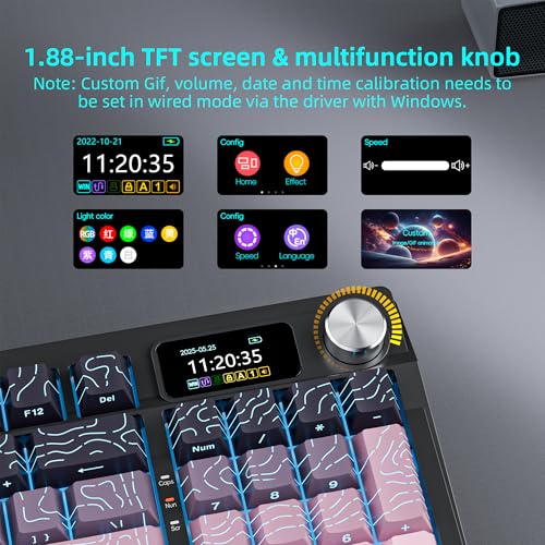 Image of KUTETHY Wireless Mechanical Keyboard,RGB Backlit Gaming-Blackberry Contours | Smart Display & Knob,Tri-Mode BT5.0 /2.4GHz /USB-C,Hot Swappable Pre-lubed Linear Kailh Switches,Contour keycaps