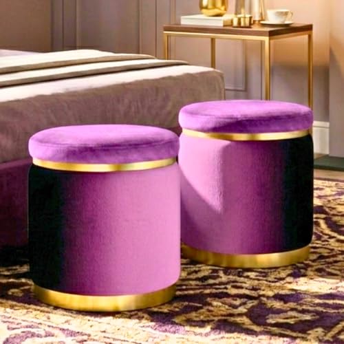 Image of AHAMNA Decorative Ottoman Pouffes for Sitting - Two-Piece Set of Puffy Stools and Footstools - Round Ottoman Stool for Living Room Furniture (Purple)