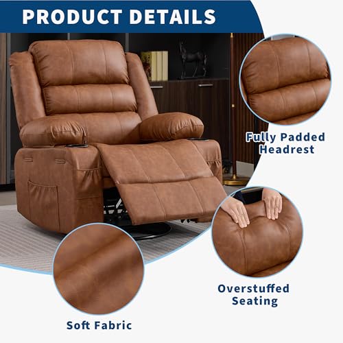 Image of Rocking Recliner Chair for Adults Manual Swivel Recliner Rocker with Cup Holders Leather Upholstered Comfy Single Sofa Chair for Living Room Bedroom Nursery Brown