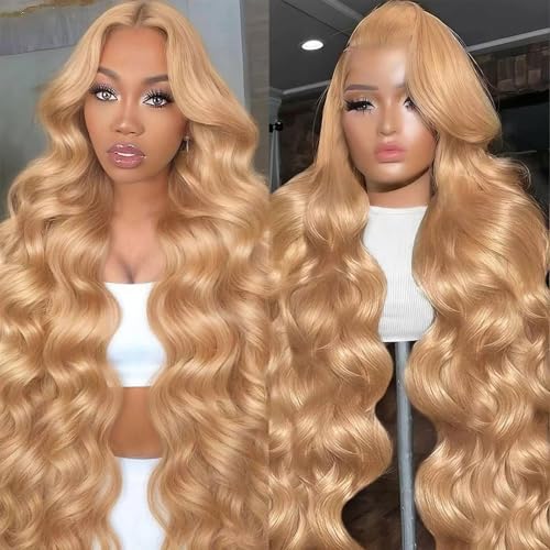 Loyom 28 Inch Honey Blonde Wig Human Hair 13x6 Body Wave HD Lace Front Wigs Human Hair Pre Plucked 200 Density Honey Blonde HD Lace Frontal Wigs 13x6 27# Glueless for Women