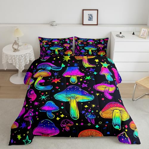 Erosebridal Galaxy Comforter Set Starry Sky Mushroom Bedding Set Queen,Blue Purple Green Teal Glitter Mushroom Duvet Insert Botanical Bed Quilt Glowing Jungle Plant Room Decor for Child Kids Teenager