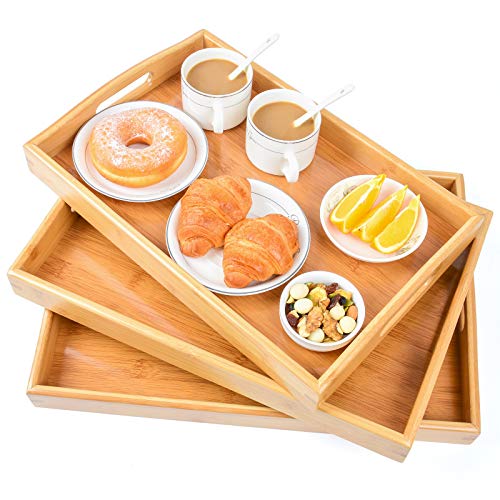 Bamboo 3 Pack Serving Tray Kitchen Food Tray with Handles Serving Platters Tray Great for Dinners PartyTea Bar Table Breakfast Snack