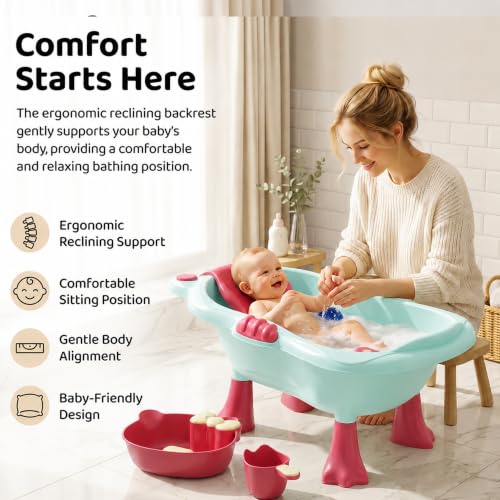 Image of StarAndDaisy Baby Bath Tub for 0 to 5 Years with Bathing Accessories Tray & Mug | Baby Bather for 0 to 2 Years | BPA Free Baby Bath tub for Kids 0-3 Years with 4-Leg Support (Green-Pink, Bathtub with Legs)