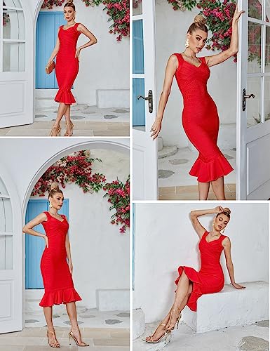 Image of Shoulder Strap Sleeveless Fishtail Midi Bandage Dress for Women Bodycon Club Party Evening Dresses