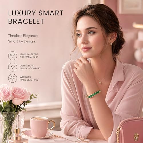 Image of 2-in-1 Crystal-Inlaid Smart Bracelet for Women, Jewelry Fitness Tracker with Heart Rate, Sleep & Cycle Tracking, IP68 Waterproof, Interchangeable Bands (Gold Emerald-1)