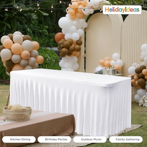 Image of HolidayIdeas White 8ft Spandex Tablecloth 2 Pack Fitted Stretch Table Skirts 30x96 Inch, Wrinkle-Free Floor Length Polyester Table Cover for Weddings Parties Banquets Events