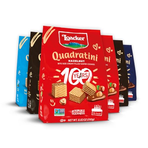 Loacker Quadratini Variety Pack Wafer Cookies LARGE - 30% Less Sugar - Mix of Hazelnut, Dark...