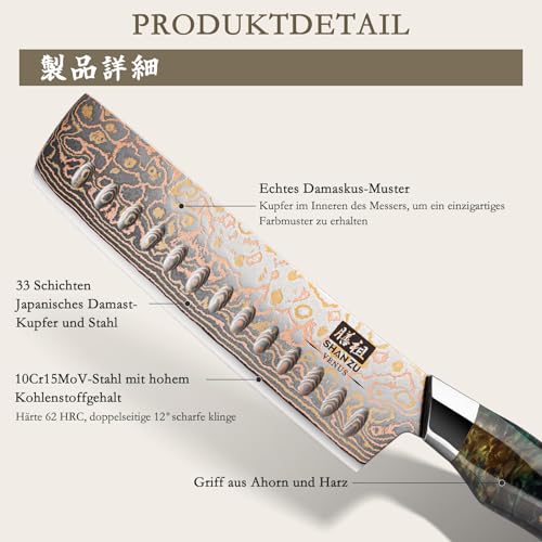SHAN ZU Damastmesser Nakiri Kochmesser Handgeschmiedetes Japanisches Messer, 33 Schichten Damaststahl & Kupfer Profi Damast Scharfe Küchenmesser 18CM - VENUS Series