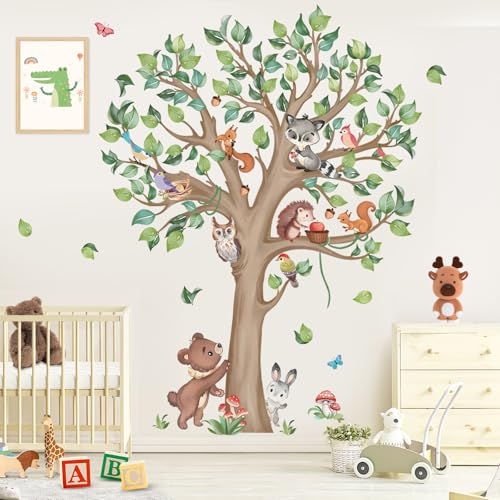 wondever Stickers Muraux Grand Arbre Forêt Animaux Autocollants Muraux Mural Stickers Enfants Arbre Ourson Hiboux Écureuil pour Chambre Enfants Bébé...
