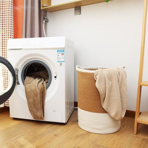 Image of ALBY Woven,Tall Wicker Laundry Basket for Blankets,Clothes,Pillows,Toys,Shoes Large Cotton Laundry Hamper for Bedroom Living Room Bathroom Nursery (12''D x 15''H INCH, BrownA)