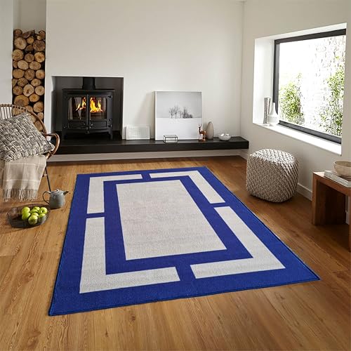 Image of Matz&More Geometric Border Rug | 100x150 CM | Beige Navy | Soft Nylon Loop Pile with Anti-Slip Gel Backing | Living Room, Bedroom & Office Floor Carpet