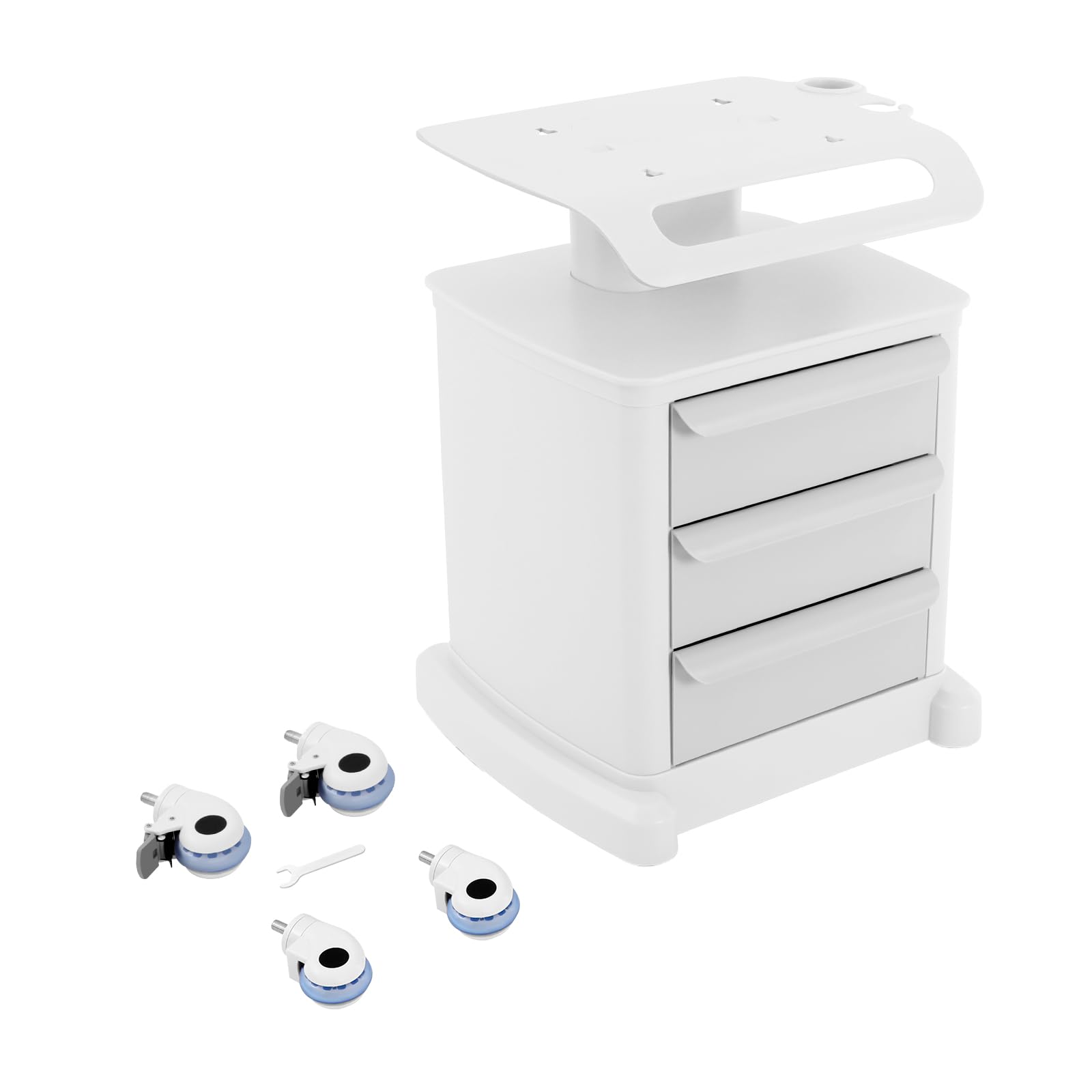 Carro de belleza blanco con ruedas para cosméticos, 3 cajones, 4 ruedas, con frenos, capacidad de carga de 30 kg, ABS mate, 51 x 47 x 77 cm, para salón de belleza, clínica, spa