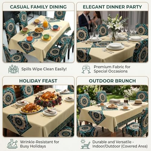 Image of Styleys Dining Table Cover 6 Seater Waterproof with Chair Covers | Table Cover Cloth | Dining Table Cover Cloth Combo - 1 Table Cover + 6 Chair Cover, Beige & Green Mandala, XKFSZB-24