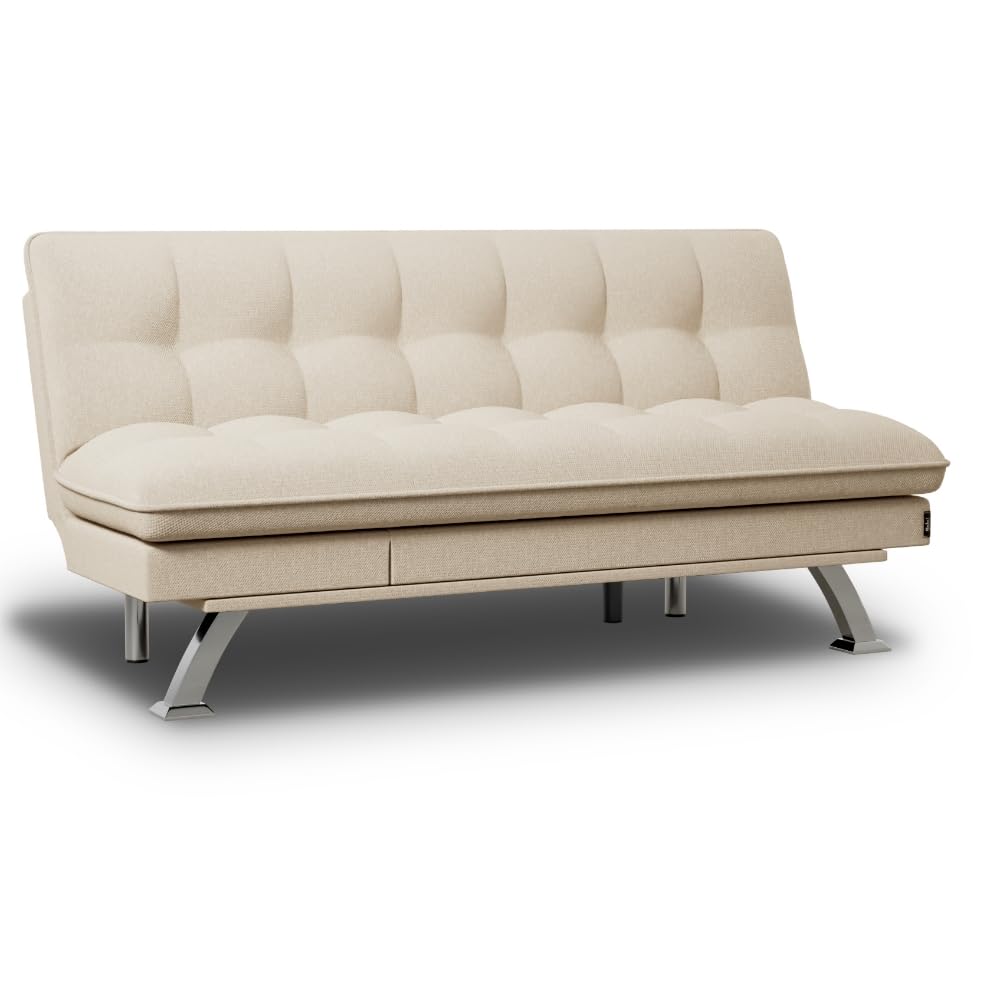 Nalui - Sofá Cama 3 Plazas Acolchado Extra 194x103x92cm Cloud Dots con Apertura Clic-Clac Y 6 Reclinaciones Laterales. Sofá Cama Chaise Longue con Patas de Metal Convertible en Cama Doble | Beig