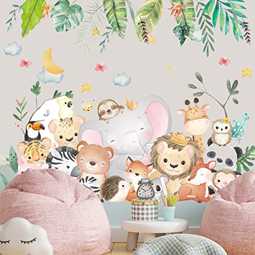 Cartoon Jungle Animals Wall Sticker, Safari Lion Elephant Fox Zebra Giraffe Turtle Back Leaf Wall Decals, Peel And Stick Removable Wall Decor, Diy Art Mural Decoration For Kids Baby Nursery Kindergarten Living Room Boy Girls Bedroom #TOP4