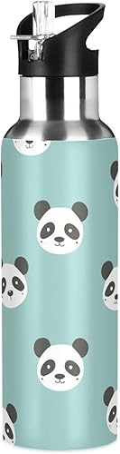One Bear - Botella de agua con diseño de panda de dibujos animados, color verde azulado, aislada al vacío, de acero inoxidable, a prueba de fugas,