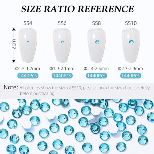 Image of Aquamarine Flatback Rhinestones, Glass Rhinestones for Nail Art and Craft, Glue Fix, Loose Crystal Gemstones(Aquamarine, SS6, 1440pcs, 1.9-2.0mm)