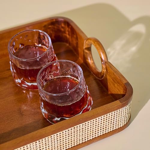 Image of Brick Brown Premium Wooden Tresso Serving Tray with Cane Weaving | Walnut Finish Tea & Breakfast Tray with Handles | Luxury Decorative Organizer for Kitchen, Dining, Coffee Table, Office 15x10 Inch
