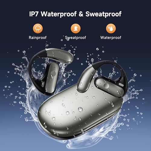 Image of Open Ear Headphones with Mic, Over Ear Wireless Earbuds Ergonomic Earhook 80H Playtime, Bluetooth 5.4 Earphones with LED Display Charging Case, IPX7 Waterproof Fast Charging Fit Fitness, Workouts
