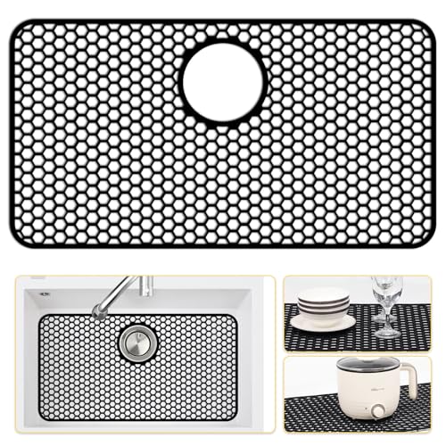 Bestjing Silicone Sink Protectors for Kitchen Sink with Rear Drain - 26x 14 Kitchen Protector Accessory Non-Slip Heat Resistant Grid Mat for Bottom of Farmhous Stainless Steel (Rear Hole Black)