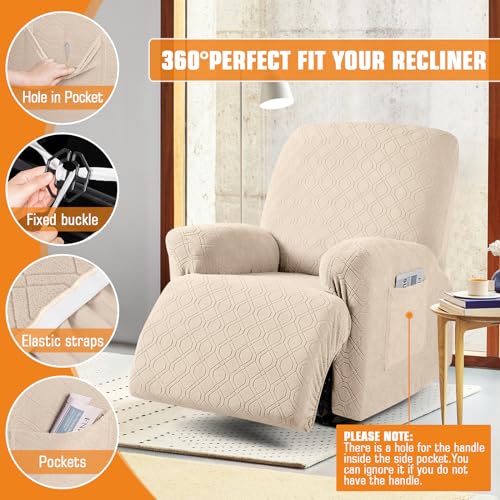 Image of VANSOFY Oversized Recliner Chair Cover, 4-Pieces Stretch Recliner Covers for Recliner Chair Soft Reclining Chair Slipcover Jacquard Pattern Furniture Protector for Dogs Cats(Cream)