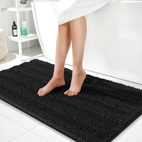 Image of OLANLY Thick Bathroom Runner Rugs 44x24, Extra Absorbent Chenille Striped Bath Rugs, Rubber Backing, Machine Wash Dry, Long Bath Mats for Bathroom Floor, Tub and Shower, Home Decor Accessories, Black