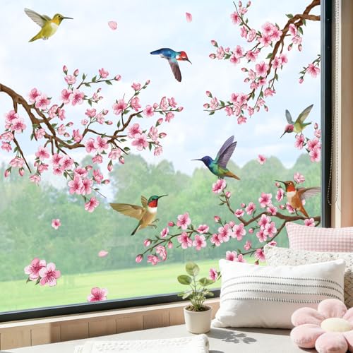 SHUCHING Stickers Fenêtre Fleurs de Cerisier Printemps, Autocollant Fenêtre Branches Fleuries Roses et Oiseaux, Décoration Electrostatique Anti-Collision...
