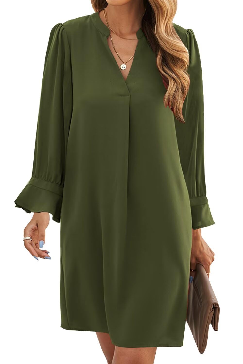 Wkior Womens Fall Ruffle Long Sleeve V Neck Shift Dresses (S-XXL)