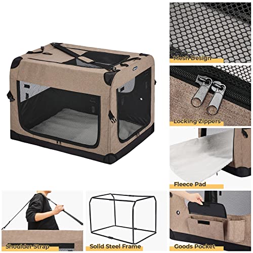 Veehoo Folding Soft Dog Crate, 3-Door Pet Kennel For Crate-Training Dogs, 5 X Heavy-Weight Mesh Screen, 600D Cationic Oxford Fabric, Indoor & Outdoor Use, 20", Beige Coffee #TOP2
