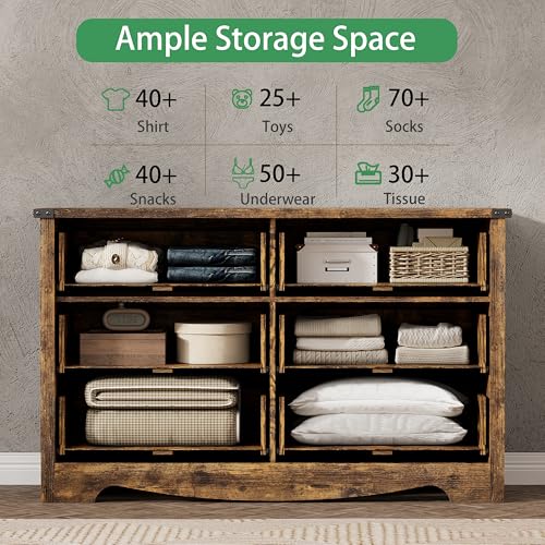 Image of Dresser for Bedroom with 6 Drawers, 48 inch Wide Wood Chest of Drawers with Deep Drawers & Mental Handle, Wooden Dresser TV Stand, Modern Closet Storage Organizer for Living Room, Hallway, Entryway, Brown