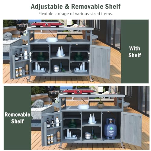 Image of Merax Outdoor Kitchen Island, Rolling Bar Cart & Storage Cabinet, Farmhouse Solid Wood Outdoor Grill Table with Stainless Steel Top, Spice Rack, Towel Rack for Kitchen & BBQ, Grey Blue