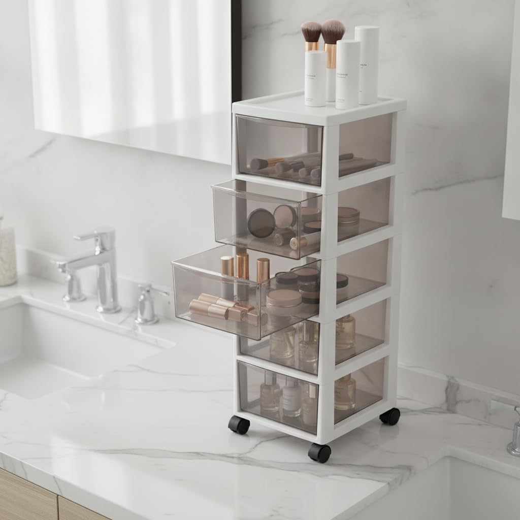 Cassettiera con Ruote in Plastica PP con Trasparenti E Maniglie Pratiche Armadietto Portatutto Multiuso con Cassetti Estraibili Contenitore