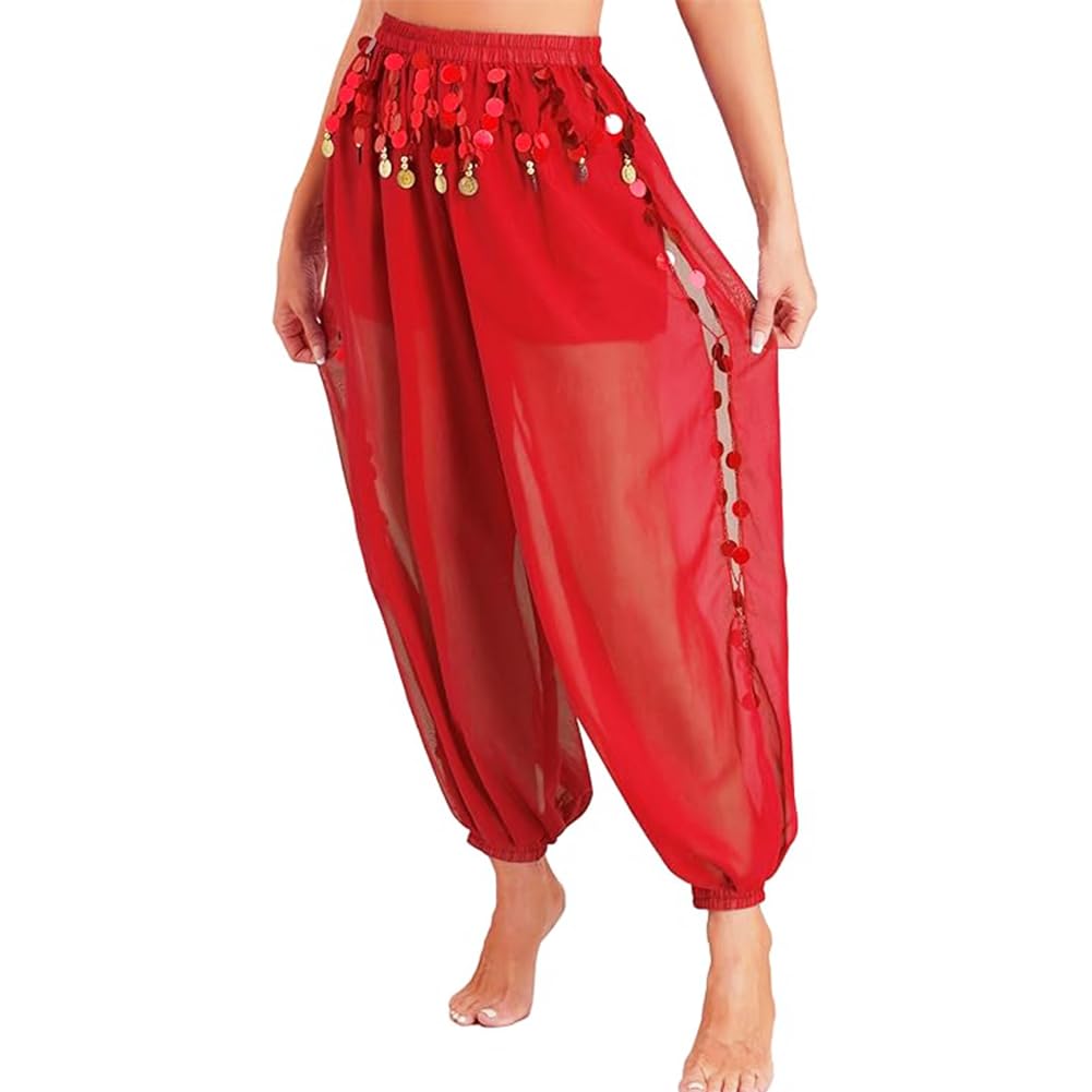 Leemiman Women's Red Belly Dance Costume Harem Pants Indian Dance Trousers Bollywood Hanging Coin Sequins Lantern Pants Chiffon (Red)
