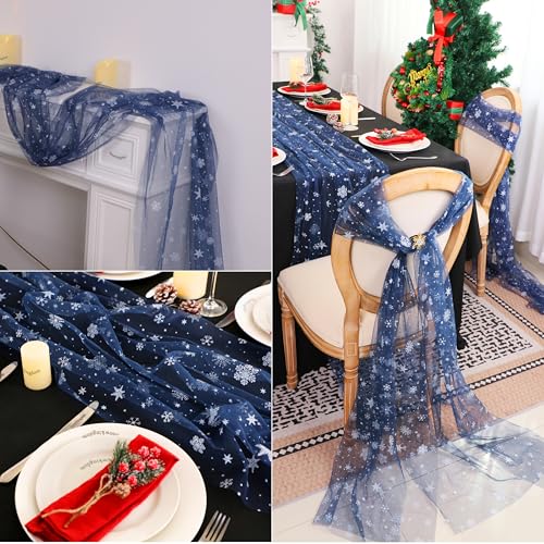 Snowkingdom Christmas Table Runner, Navy Blue Snowflake Cheesecloth Sheer Chiffon Gauze Table Runner, 120 Inch Seasonal Winter Holiday Kitchen Dining Decorations for New Year Home Party Decor - Thumbnail 5