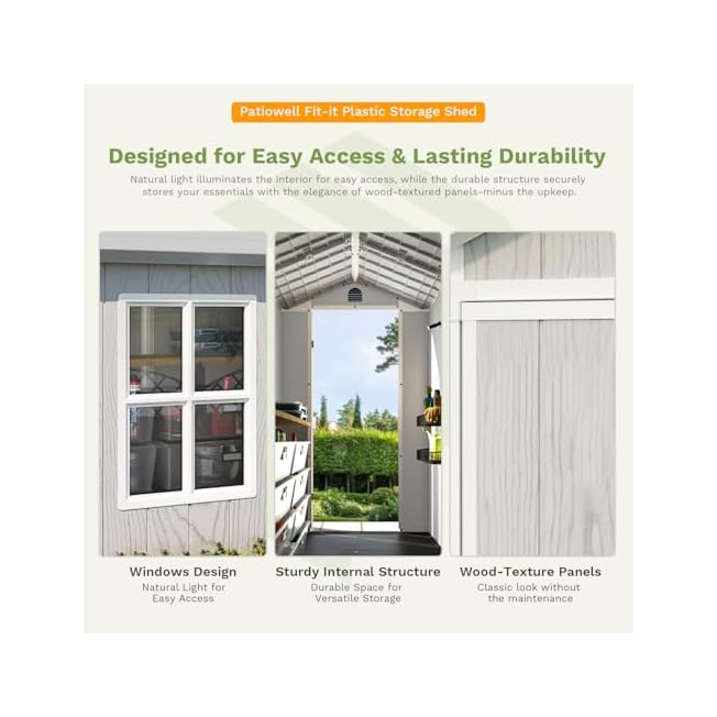 Patiowell 4' x 8' Outdoor Storage Shed with Floor, Plastic Shed Outside Resin Tool Shed with Two Windows and Lockable Door