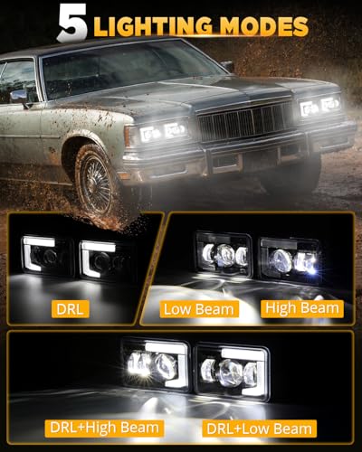 Image of Auxbeam 4X6 Headlights 4PCS With DRL Hi /Lo Beam Dot Approved Replacement H4651 H4652 H4656 H4666 H6545 Headlight Compatible with Kenworth T400 T600 T800 Freightliner Peterbilt Ford Chevy, Black