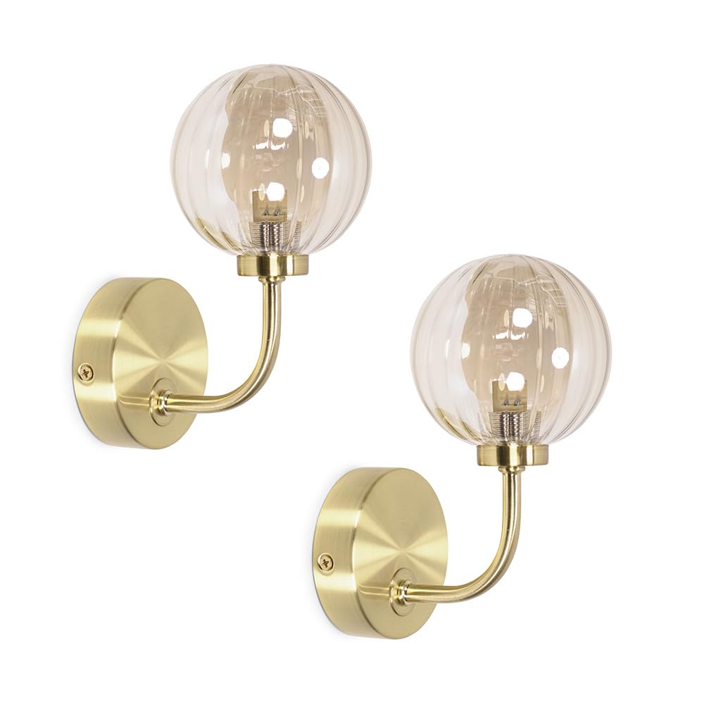 ValueLights Chessy Pair of Ribbed Glass Globe Shade Gold Stem Wall Lights
