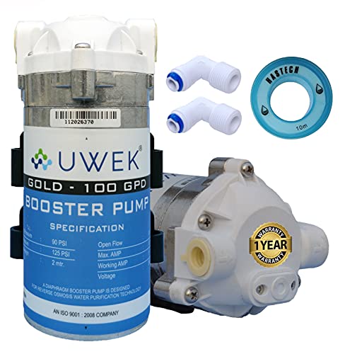 Image of UWEK GOLD RO Booster Pump Motor 100 GPD Input 24V with Connectors and Teflon Tape Compatible with All Models of KENT RO Water Purifiers, 1 Year Warranty