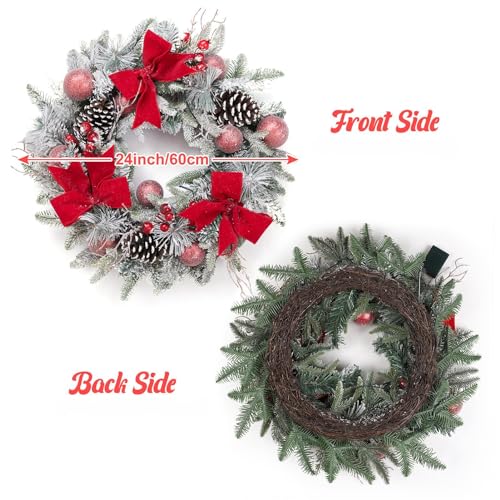 GAOMON Christmas Wreath with Lights, 24 Inch Snow Flocked White Winter Wreath with 30 LED Lights Pine Cones Velvet Bows for Front Door Fireplace Holiday Indoor Outdoor Decoration, Battery Operated