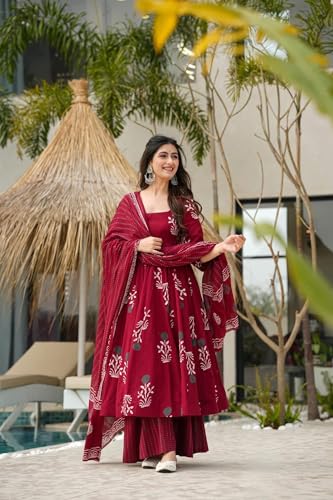Image of ANNI Designer Women's Rayon Blend Anarkali Printed Kurta with Pant & Dupatta | Ethnic Kurta Pant Dupatta Set for Women | Traditional Indian Wear Outfit